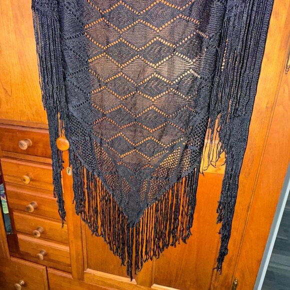 Black Fringe Knit Shawl Wrap | Boho Triangle Scarf | 82x35 + 7” Fringe - Picture 8 of 12